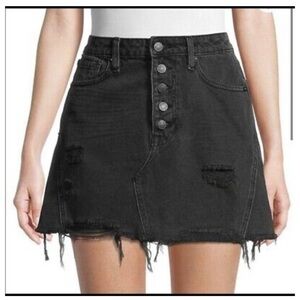 We The Free Free People Black Denim Mini Skirt Button Fly Distressed Grunge Core